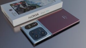 Nokia Magic Max 5G in dark marron and grey color with box on table