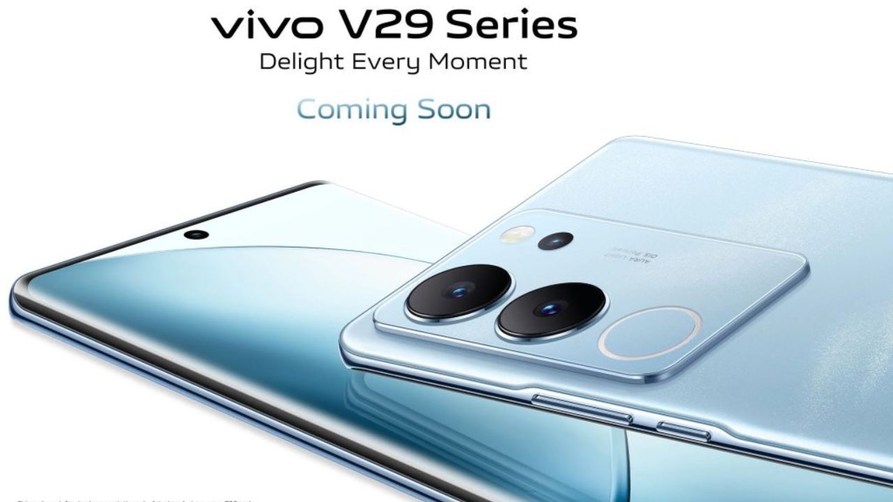 Vivo V29 Pro in blue color with some written text in plain white background
